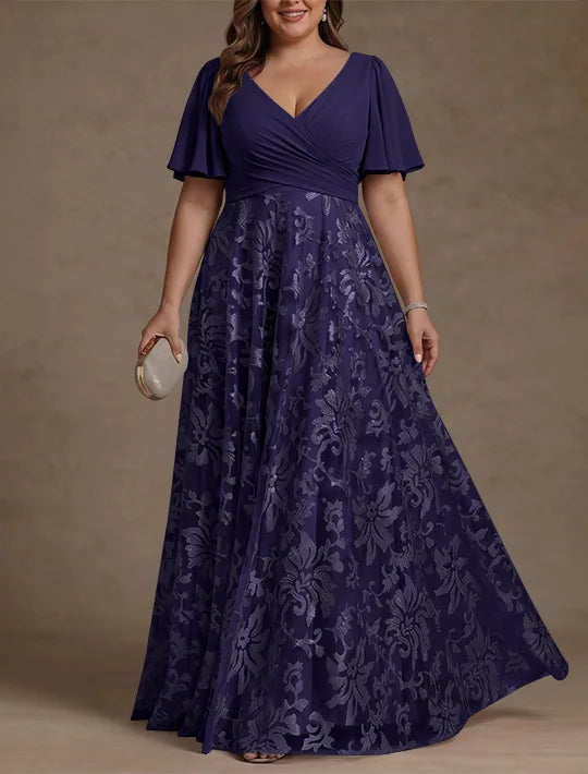 Robe Mère de la Mariée, Taille Plus, Ligne A/Princese, Col en V, Dentelle, Froncée, Manches Courtes, Longueur au Sol, Mousseline
