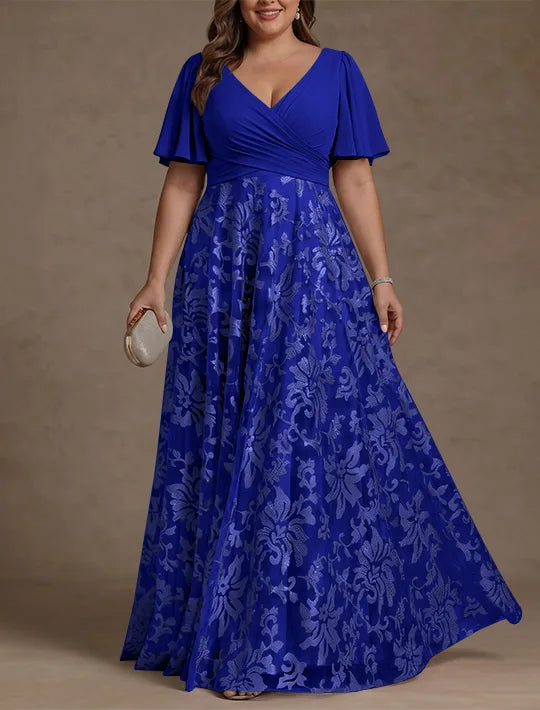 Robe Mère de la Mariée, Taille Plus, Ligne A/Princese, Col en V, Dentelle, Froncée, Manches Courtes, Longueur au Sol, Mousseline