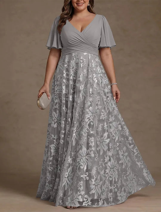 Robe Mère de la Mariée, Taille Plus, Ligne A/Princese, Col en V, Dentelle, Froncée, Manches Courtes, Longueur au Sol, Mousseline