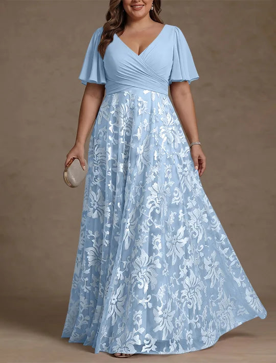 Robe Mère de la Mariée, Taille Plus, Ligne A/Princese, Col en V, Dentelle, Froncée, Manches Courtes, Longueur au Sol, Mousseline