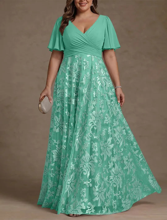 Robe Mère de la Mariée, Taille Plus, Ligne A/Princese, Col en V, Dentelle, Froncée, Manches Courtes, Longueur au Sol, Mousseline