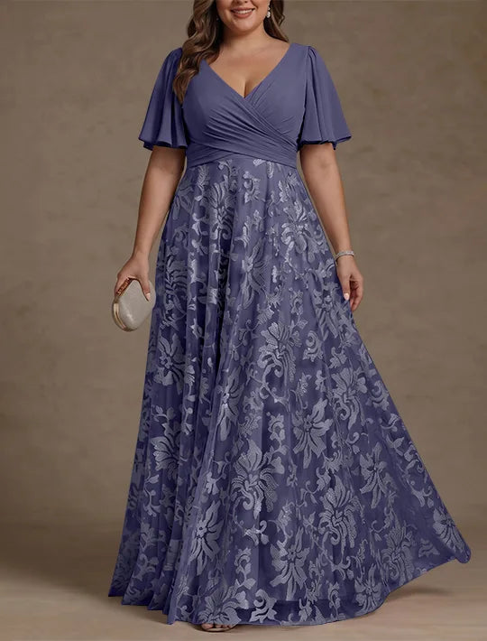 Robe Mère de la Mariée, Taille Plus, Ligne A/Princese, Col en V, Dentelle, Froncée, Manches Courtes, Longueur au Sol, Mousseline