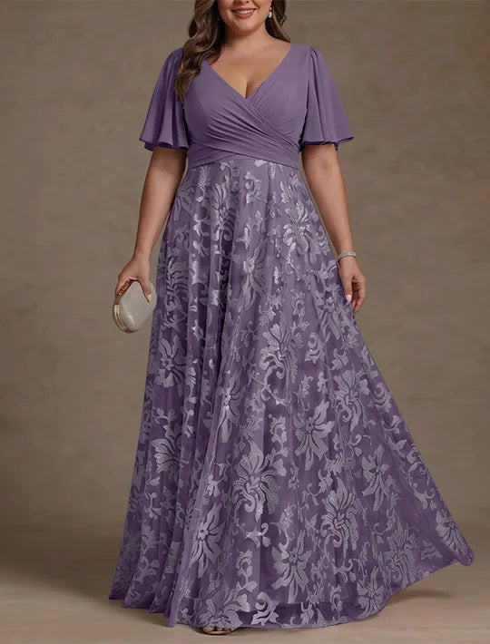 Robe Mère de la Mariée, Taille Plus, Ligne A/Princese, Col en V, Dentelle, Froncée, Manches Courtes, Longueur au Sol, Mousseline