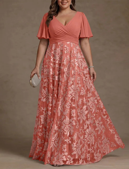 Robe Mère de la Mariée, Taille Plus, Ligne A/Princese, Col en V, Dentelle, Froncée, Manches Courtes, Longueur au Sol, Mousseline