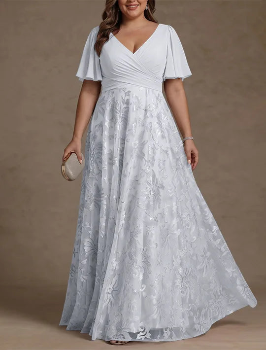 Robe Mère de la Mariée, Taille Plus, Ligne A/Princese, Col en V, Dentelle, Froncée, Manches Courtes, Longueur au Sol, Mousseline