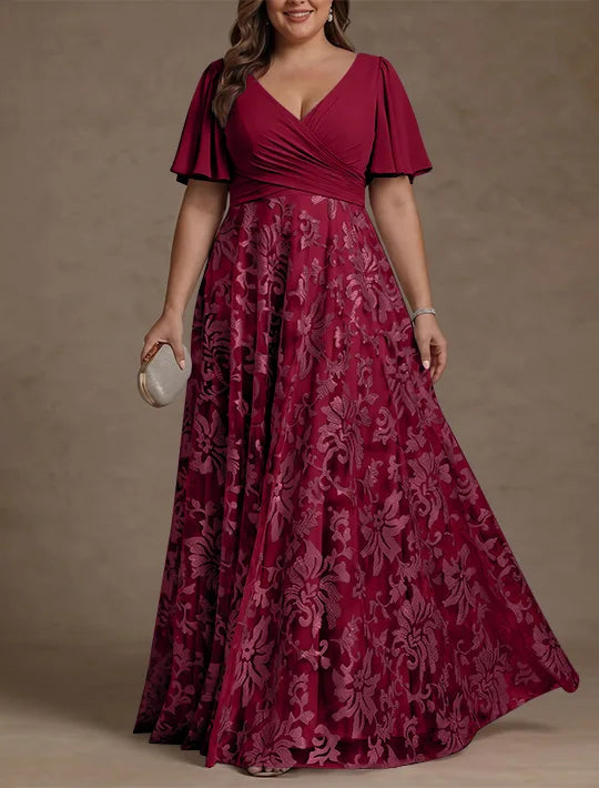 Robe Mère de la Mariée, Taille Plus, Ligne A/Princese, Col en V, Dentelle, Froncée, Manches Courtes, Longueur au Sol, Mousseline