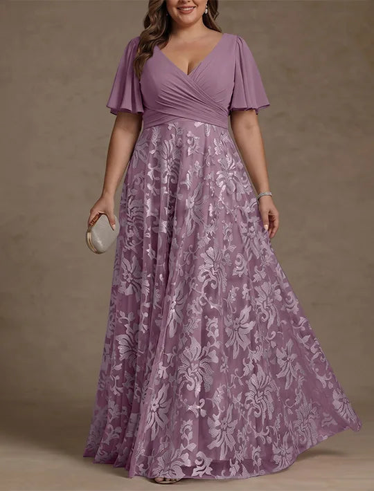 Robe Mère de la Mariée, Taille Plus, Ligne A/Princese, Col en V, Dentelle, Froncée, Manches Courtes, Longueur au Sol, Mousseline