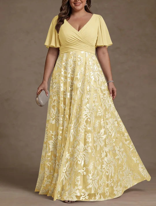 Robe Mère de la Mariée, Taille Plus, Ligne A/Princese, Col en V, Dentelle, Froncée, Manches Courtes, Longueur au Sol, Mousseline