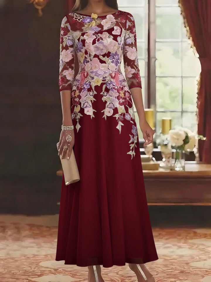 Robe mère de la mariée mousseline ligne A, col rond, manches mi-longues, longueur cheville, dentelle et motifs floraux