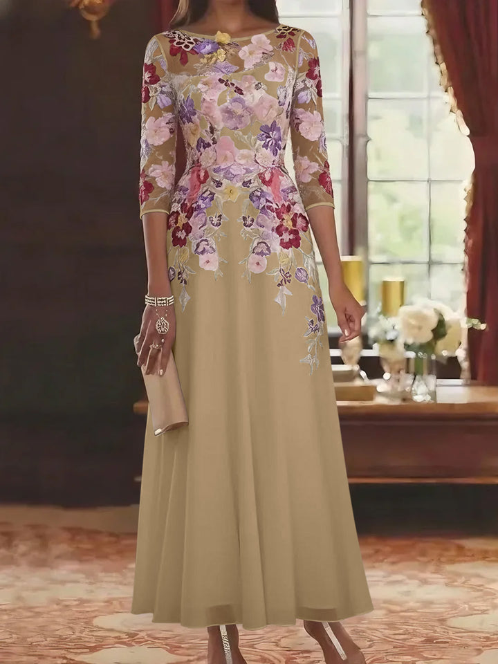 Robe mère de la mariée mousseline ligne A, col rond, manches mi-longues, longueur cheville, dentelle et motifs floraux