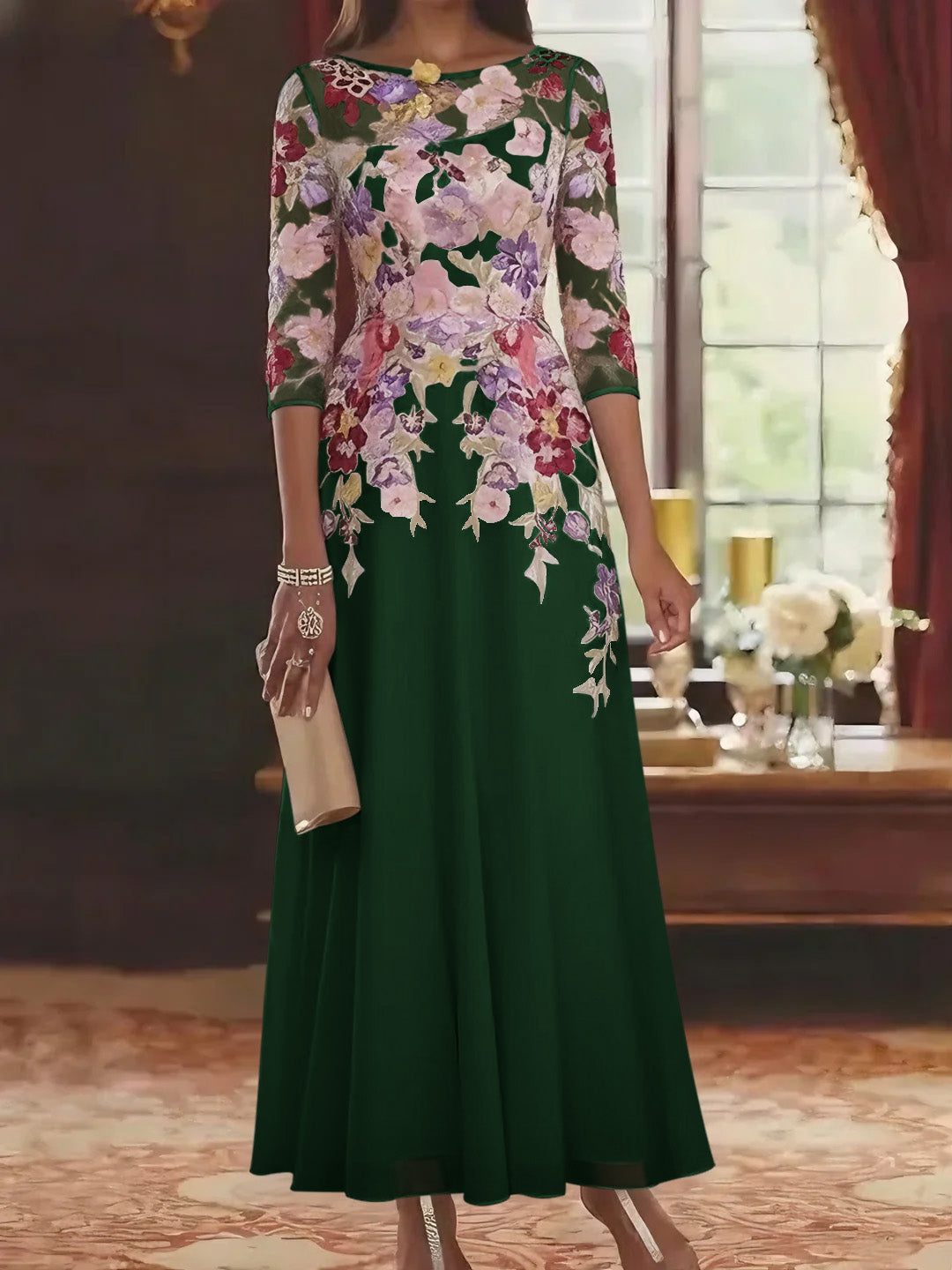 Robe mère de la mariée mousseline ligne A, col rond, manches mi-longues, longueur cheville, dentelle et motifs floraux