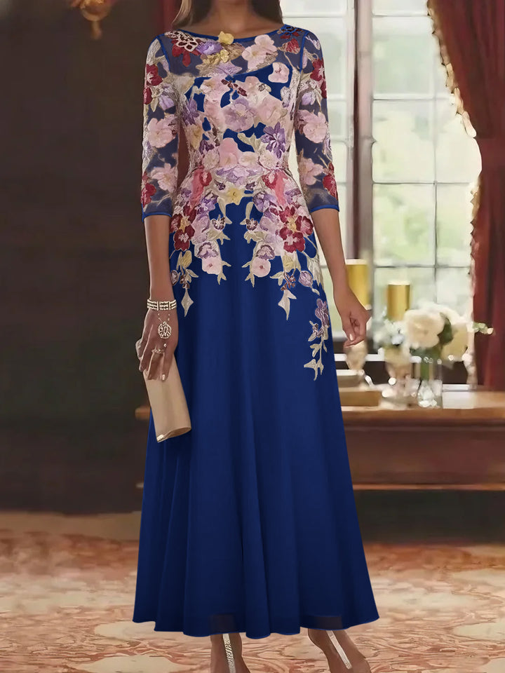 Robe mère de la mariée mousseline ligne A, col rond, manches mi-longues, longueur cheville, dentelle et motifs floraux