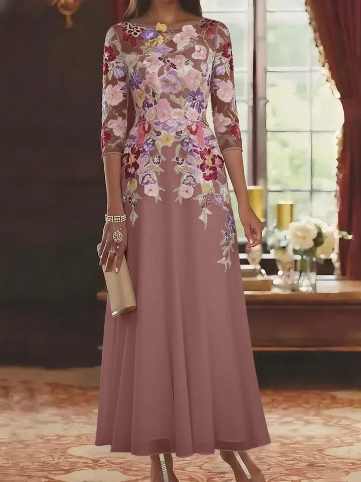 Robe mère de la mariée mousseline ligne A, col rond, manches mi-longues, longueur cheville, dentelle et motifs floraux