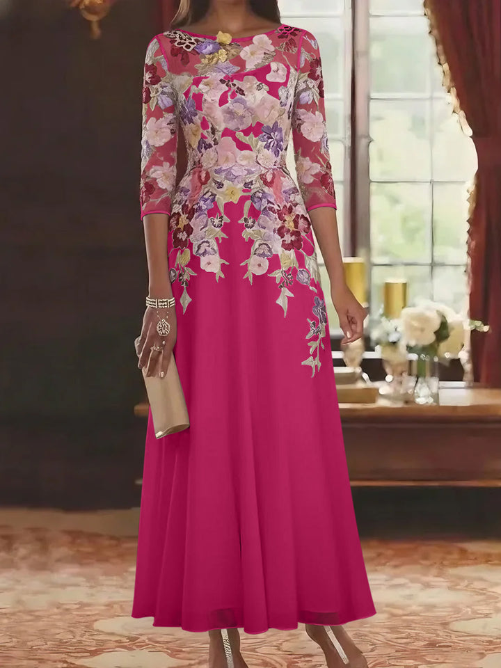 Robe mère de la mariée mousseline ligne A, col rond, manches mi-longues, longueur cheville, dentelle et motifs floraux