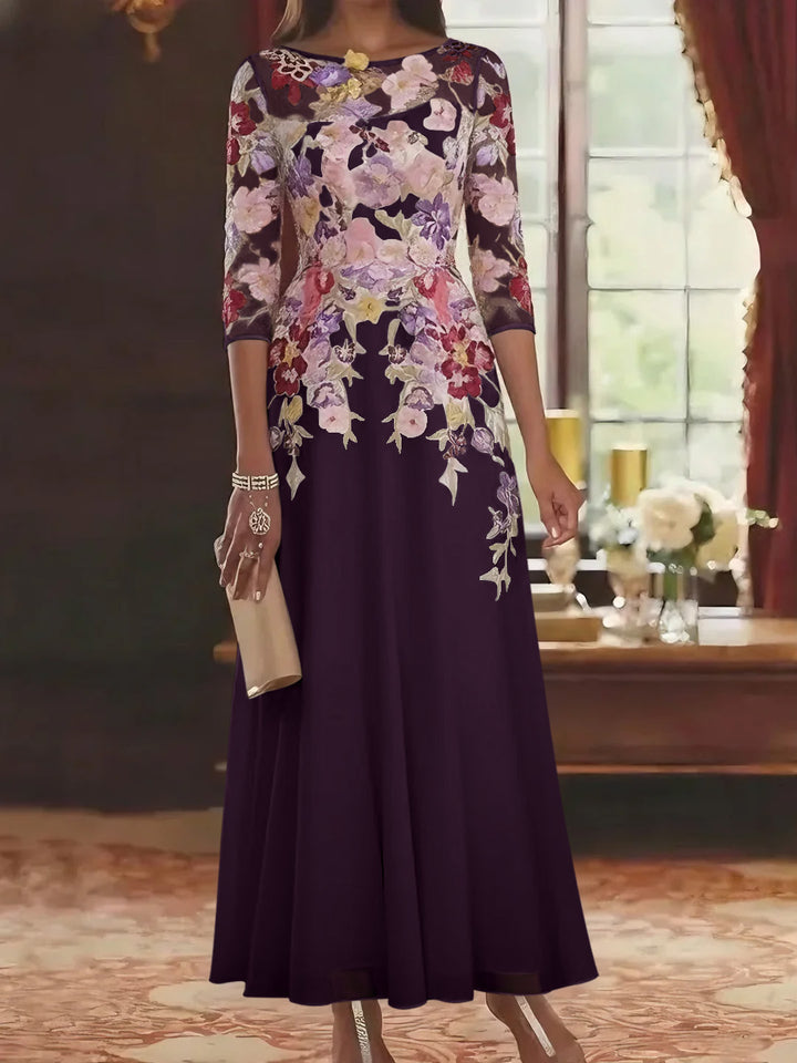 Robe mère de la mariée mousseline ligne A, col rond, manches mi-longues, longueur cheville, dentelle et motifs floraux