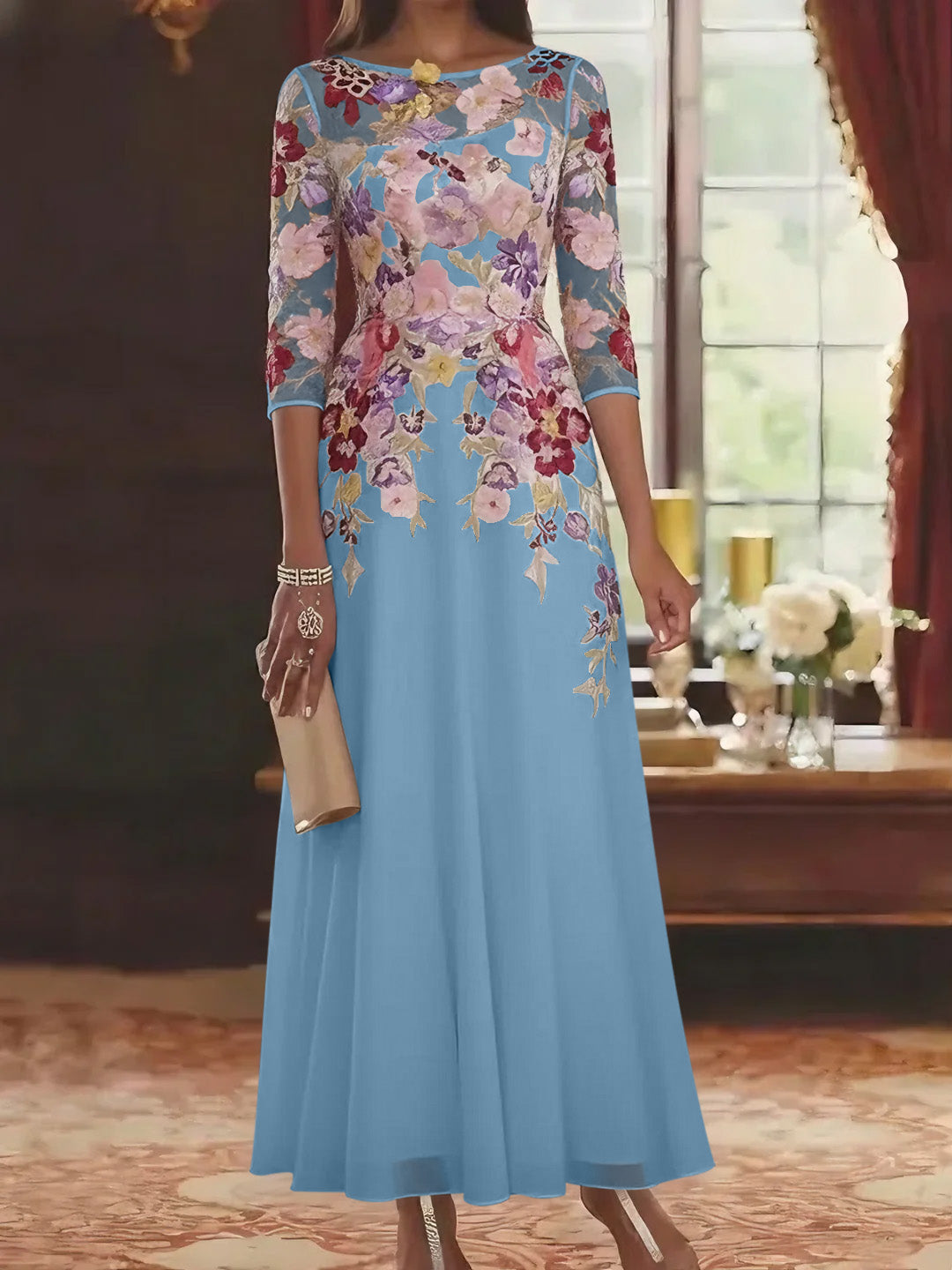 Robe mère de la mariée mousseline ligne A, col rond, manches mi-longues, longueur cheville, dentelle et motifs floraux