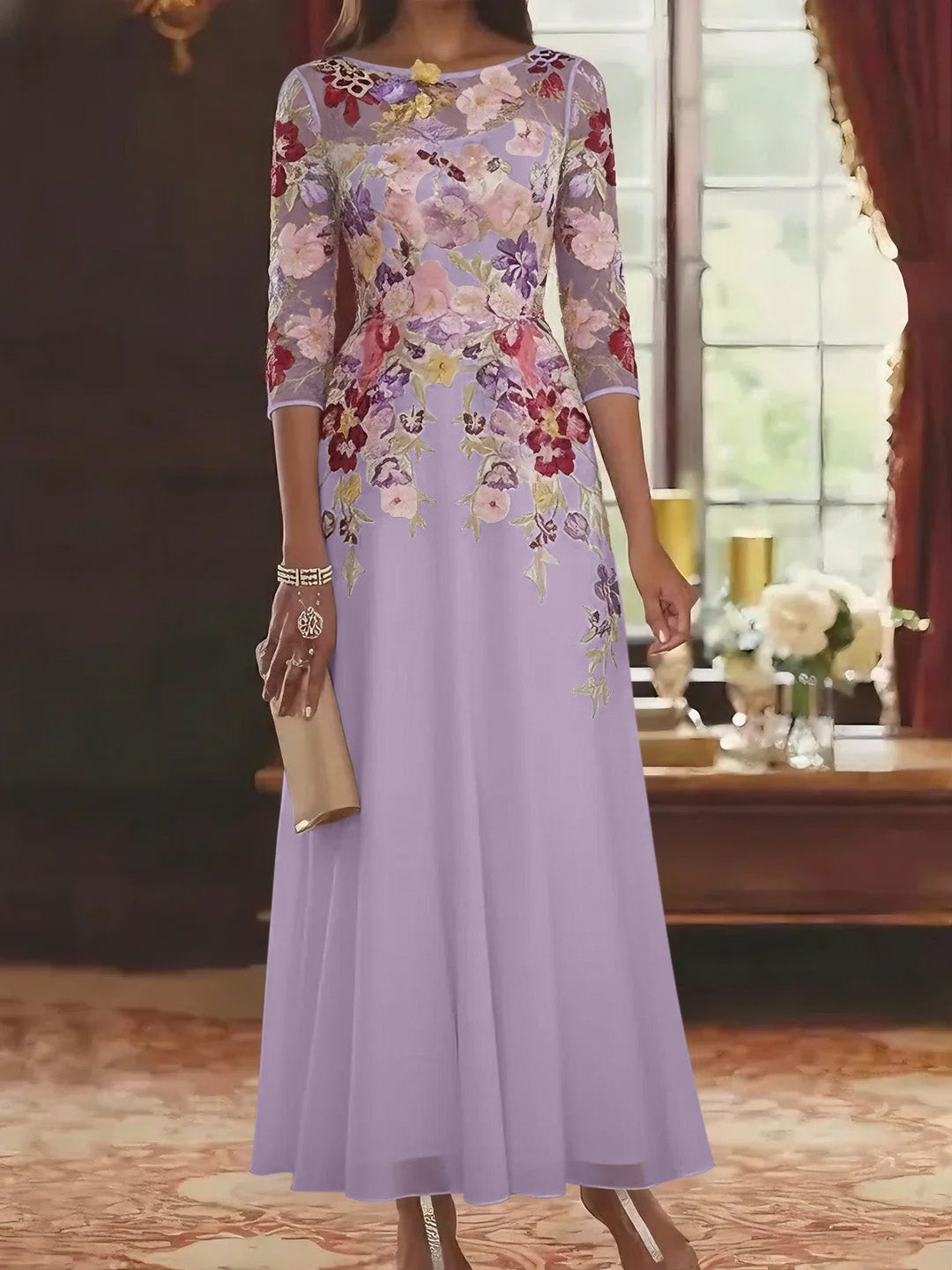 Robe mère de la mariée mousseline ligne A, col rond, manches mi-longues, longueur cheville, dentelle et motifs floraux