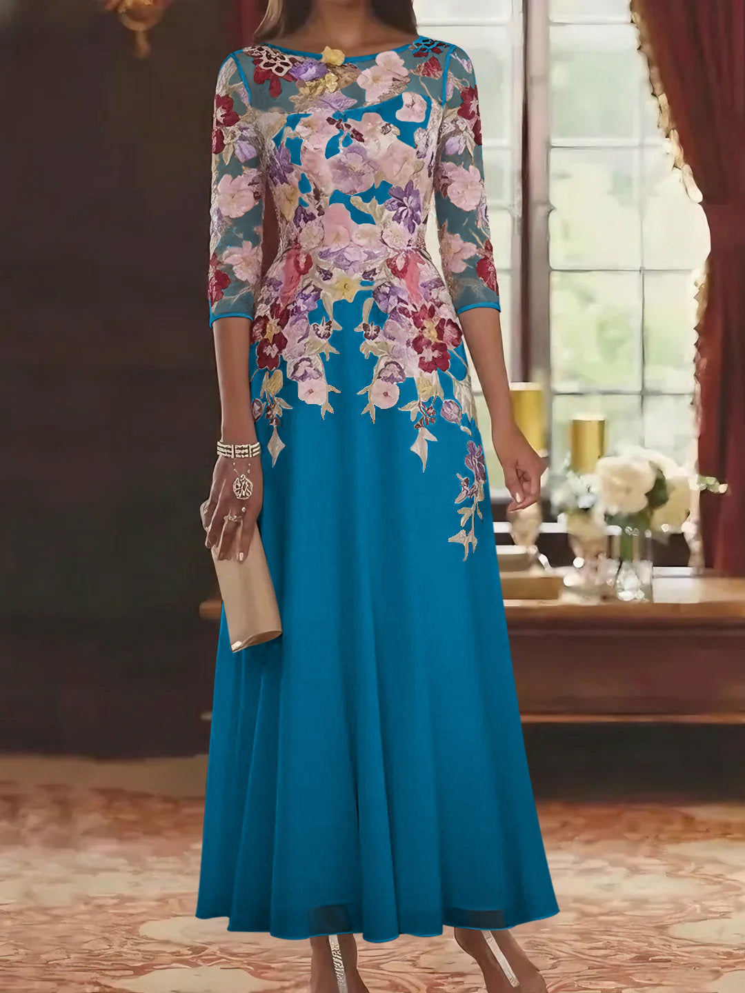 Robe mère de la mariée mousseline ligne A, col rond, manches mi-longues, longueur cheville, dentelle et motifs floraux