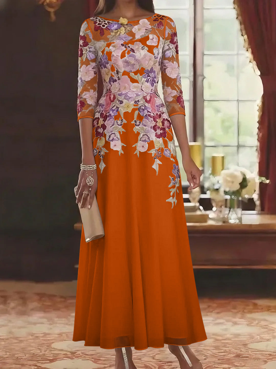 Robe mère de la mariée mousseline ligne A, col rond, manches mi-longues, longueur cheville, dentelle et motifs floraux