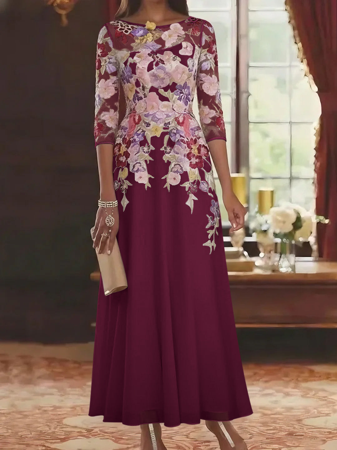 Robe mère de la mariée mousseline ligne A, col rond, manches mi-longues, longueur cheville, dentelle et motifs floraux