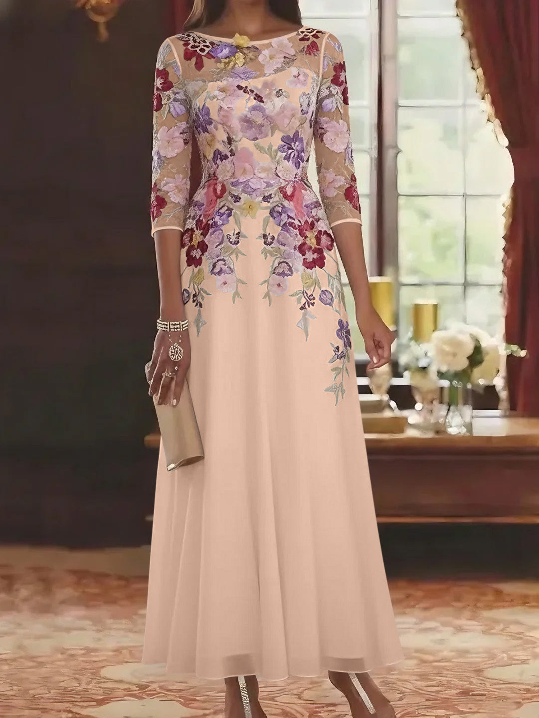 Robe mère de la mariée mousseline ligne A, col rond, manches mi-longues, longueur cheville, dentelle et motifs floraux