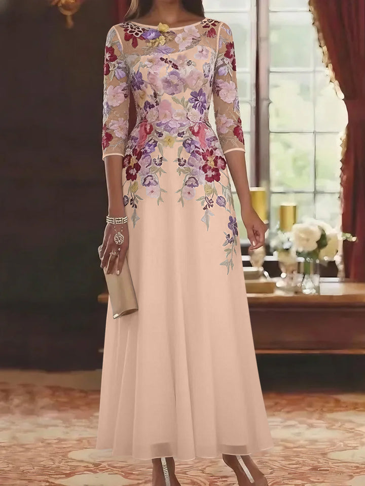 Robe mère de la mariée mousseline ligne A, col rond, manches mi-longues, longueur cheville, dentelle et motifs floraux