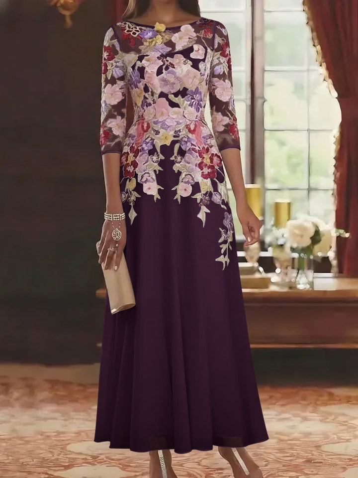 Robe mère de la mariée mousseline ligne A, col rond, manches mi-longues, longueur cheville, dentelle et motifs floraux