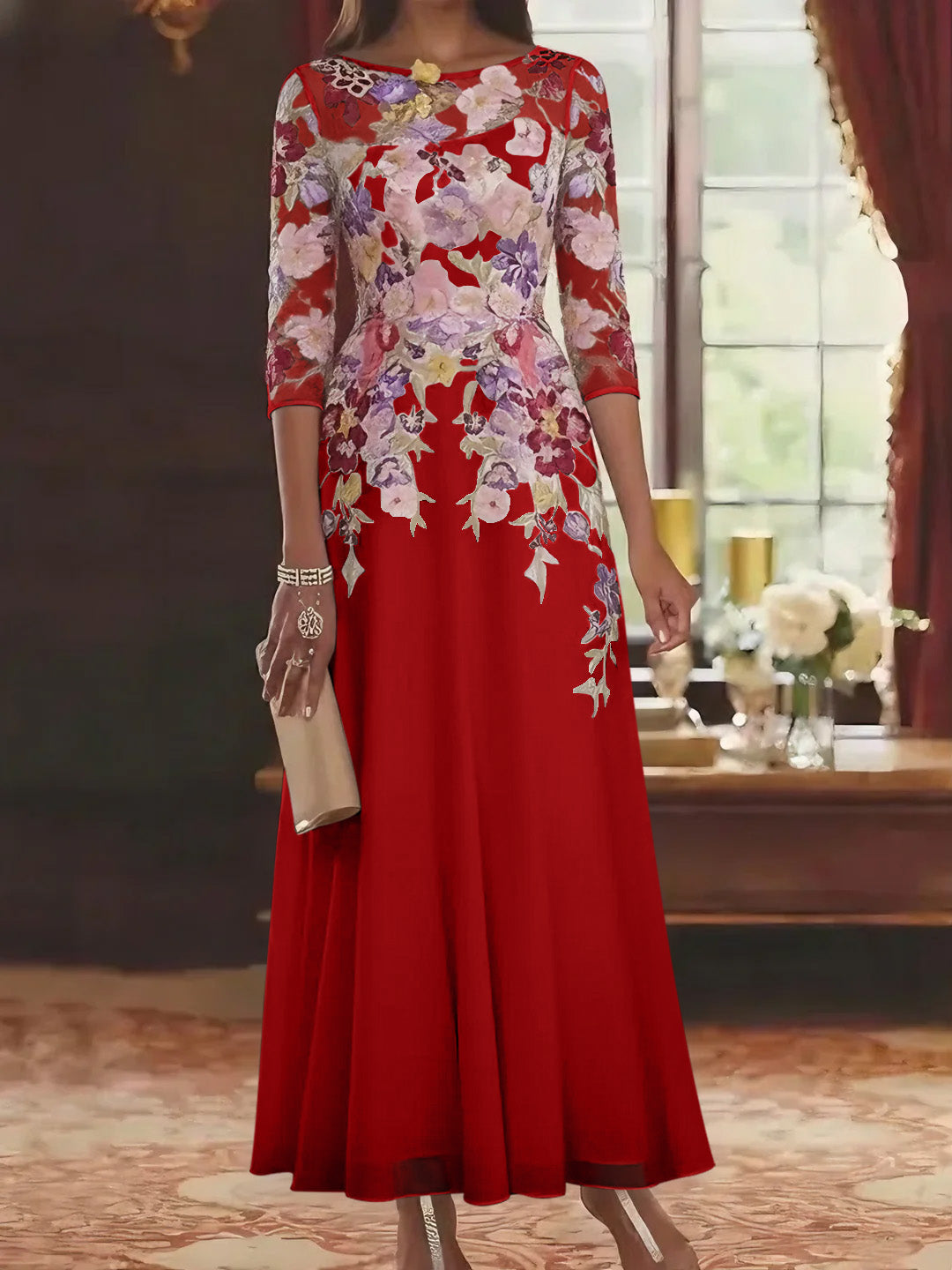 Robe mère de la mariée mousseline ligne A, col rond, manches mi-longues, longueur cheville, dentelle et motifs floraux