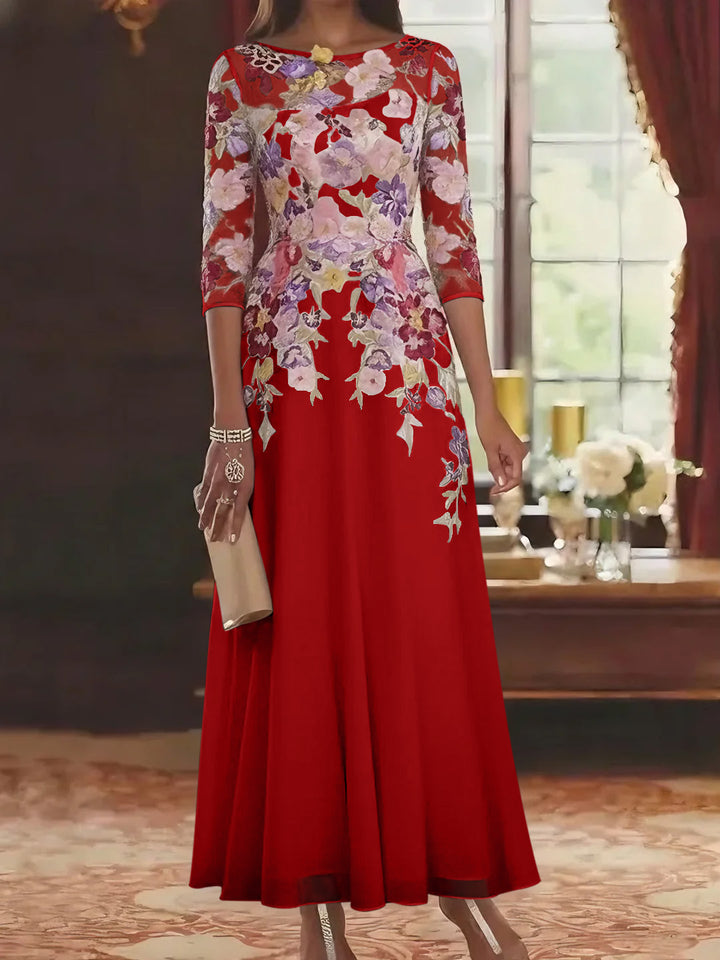 Robe mère de la mariée mousseline ligne A, col rond, manches mi-longues, longueur cheville, dentelle et motifs floraux