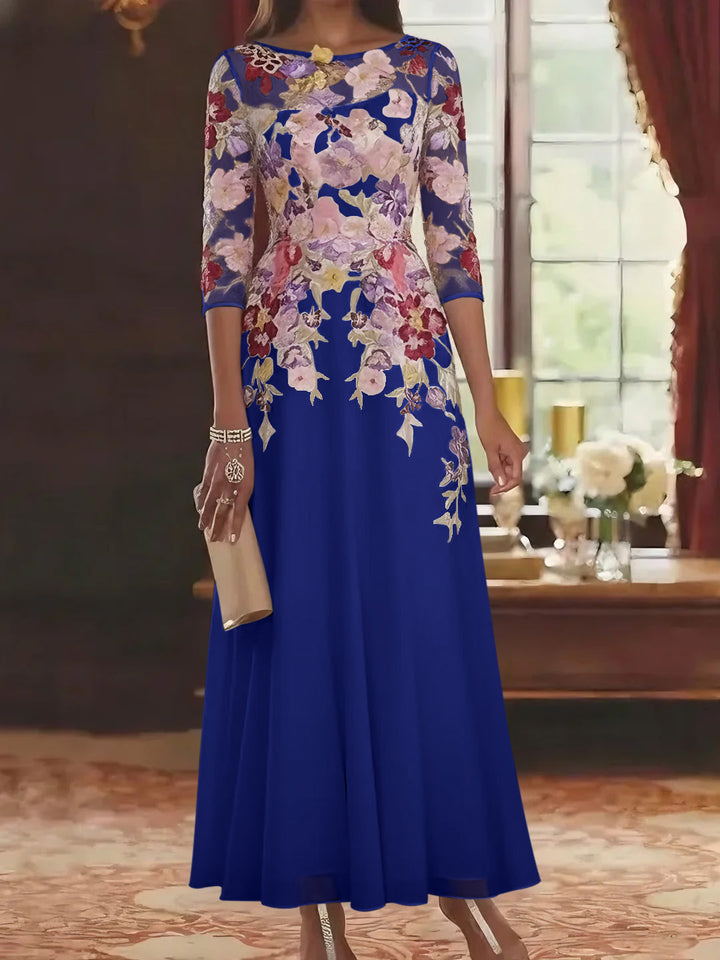 Robe mère de la mariée mousseline ligne A, col rond, manches mi-longues, longueur cheville, dentelle et motifs floraux