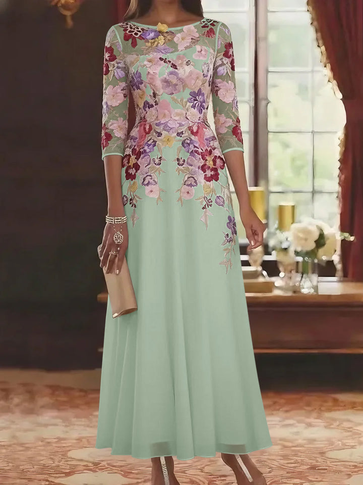 Robe mère de la mariée mousseline ligne A, col rond, manches mi-longues, longueur cheville, dentelle et motifs floraux