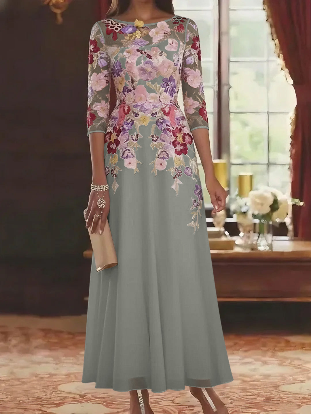 Robe mère de la mariée mousseline ligne A, col rond, manches mi-longues, longueur cheville, dentelle et motifs floraux