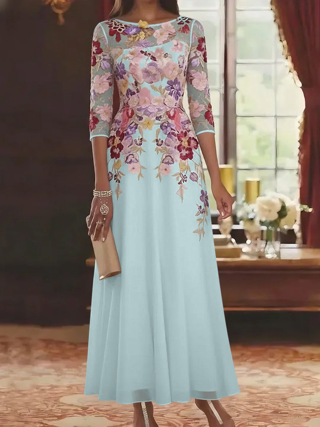 Robe mère de la mariée mousseline ligne A, col rond, manches mi-longues, longueur cheville, dentelle et motifs floraux