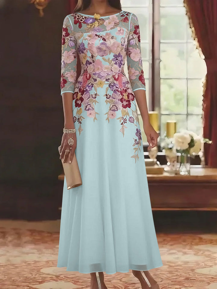 Robe mère de la mariée mousseline ligne A, col rond, manches mi-longues, longueur cheville, dentelle et motifs floraux