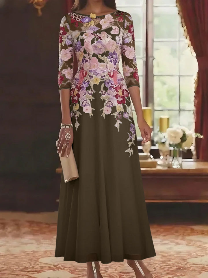 Robe mère de la mariée mousseline ligne A, col rond, manches mi-longues, longueur cheville, dentelle et motifs floraux