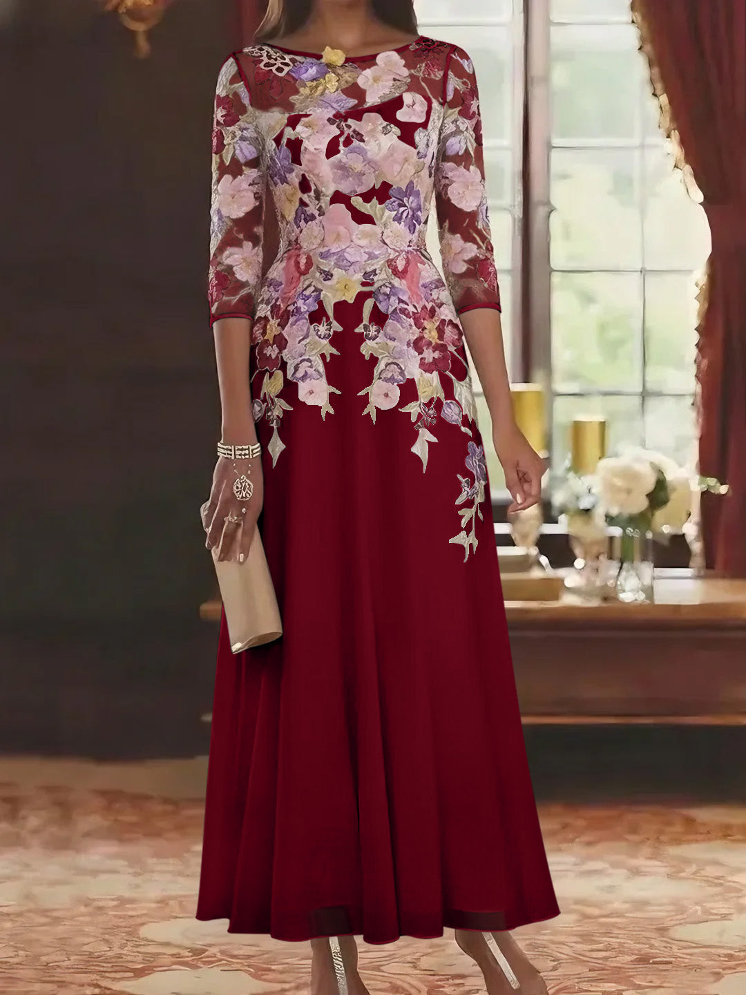 Robe mère de la mariée mousseline ligne A, col rond, manches mi-longues, longueur cheville, dentelle et motifs floraux