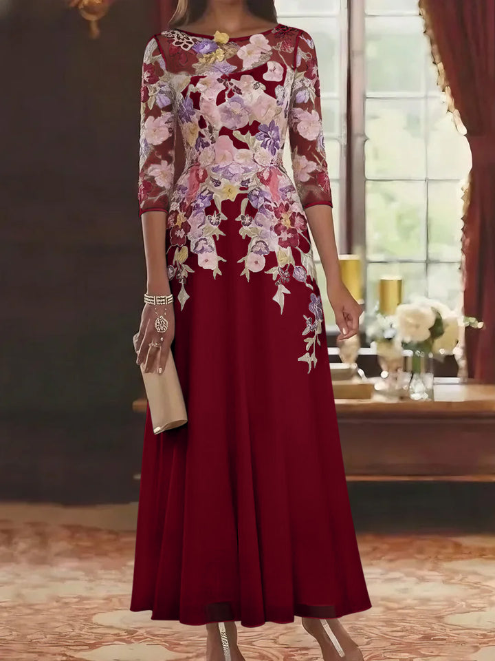 Robe mère de la mariée mousseline ligne A, col rond, manches mi-longues, longueur cheville, dentelle et motifs floraux