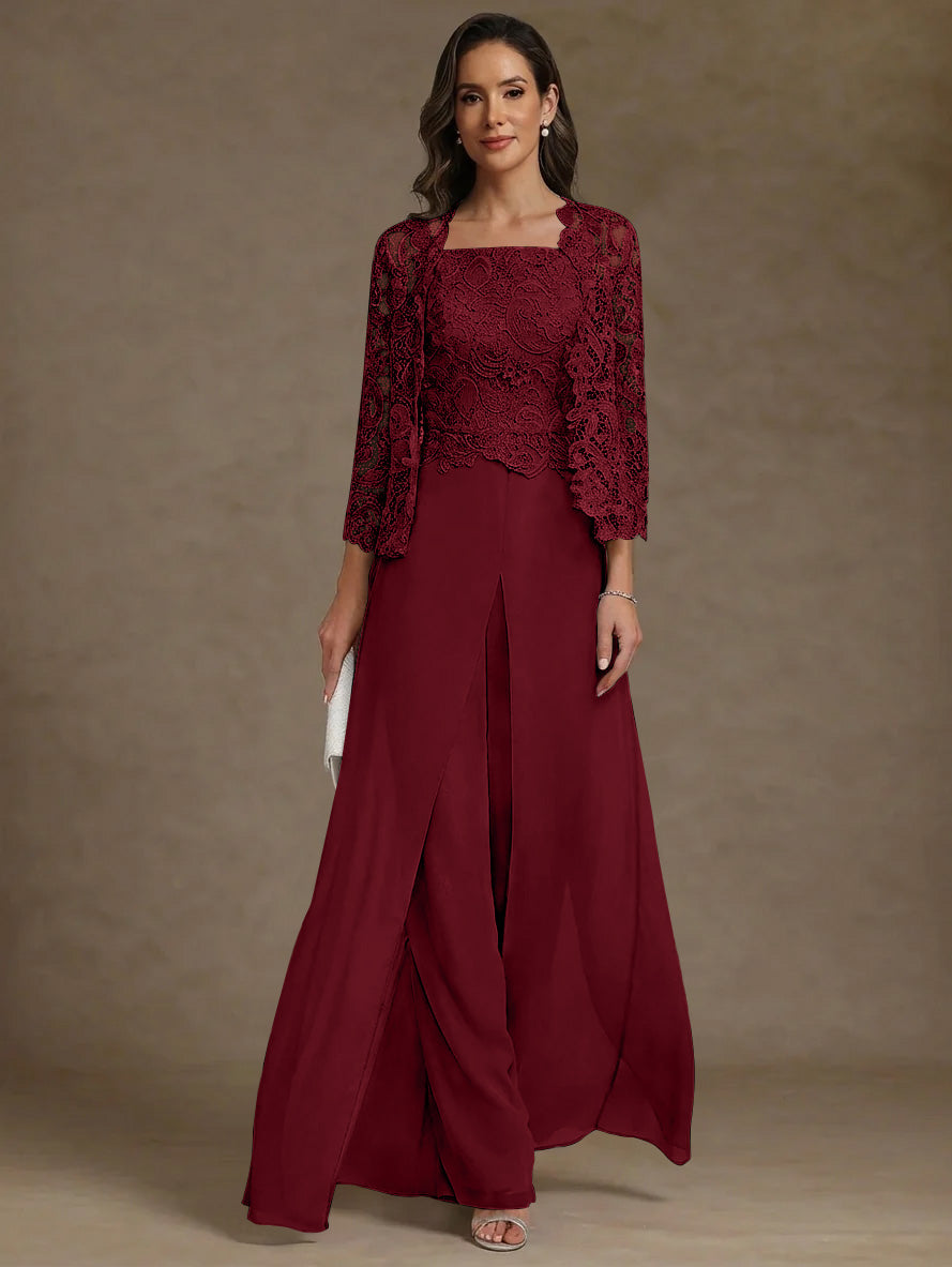 Robe Mère de la Mariée, Ligne A/Princesse, en Mousseline à Col Carré, avec Veste en Dentelle