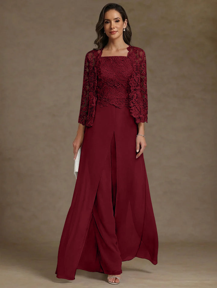 Robe Mère de la Mariée, Ligne A/Princesse, en Mousseline à Col Carré, avec Veste en Dentelle