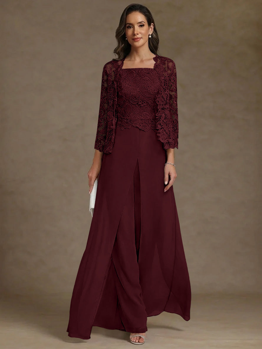 Robe Mère de la Mariée, Ligne A/Princesse, en Mousseline à Col Carré, avec Veste en Dentelle