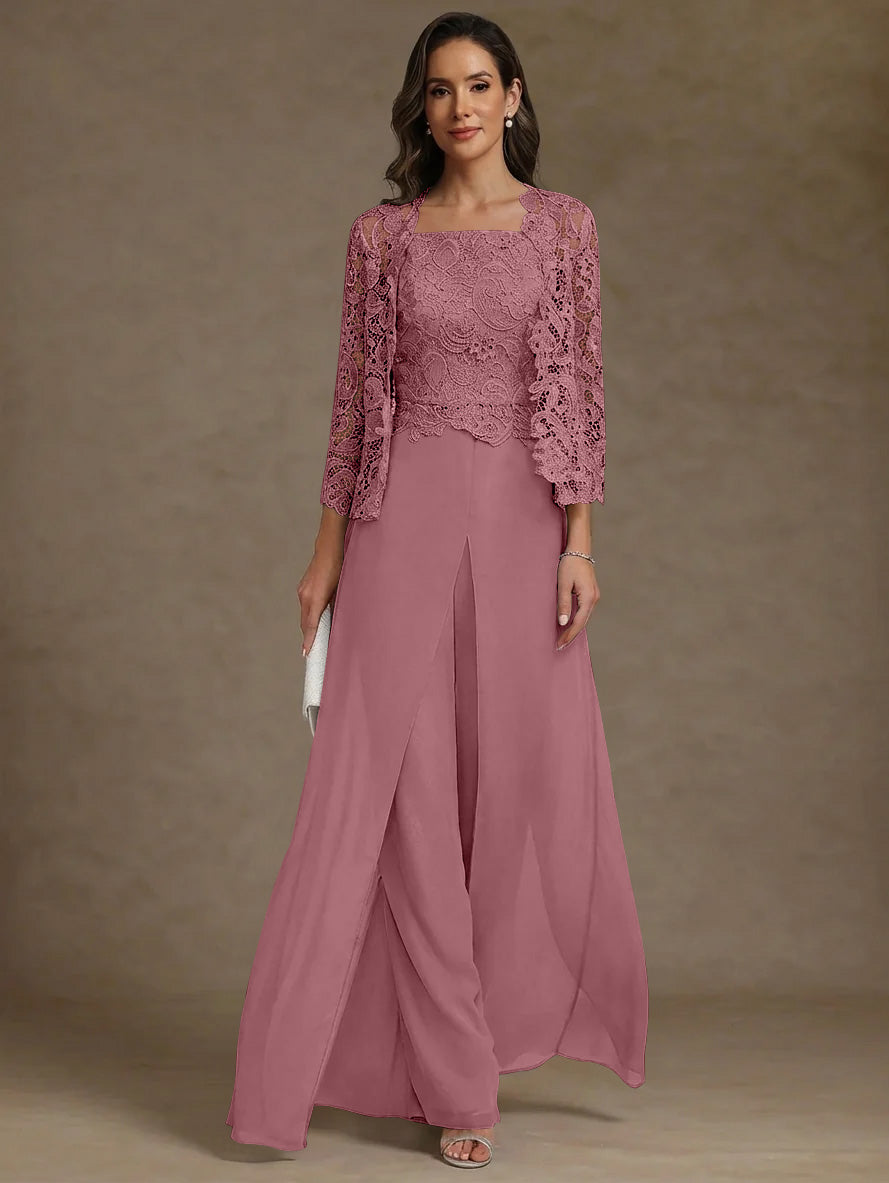 Robe Mère de la Mariée, Ligne A/Princesse, en Mousseline à Col Carré, avec Veste en Dentelle