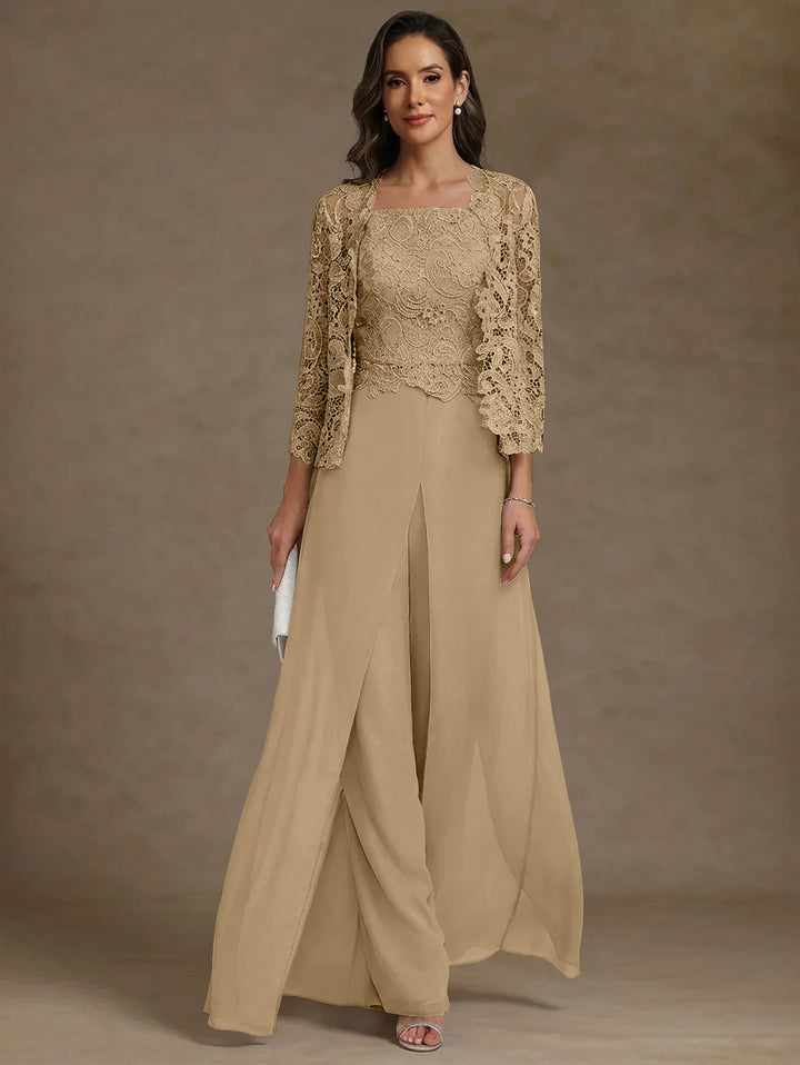 Robe Mère de la Mariée, Ligne A/Princesse, en Mousseline à Col Carré, avec Veste en Dentelle