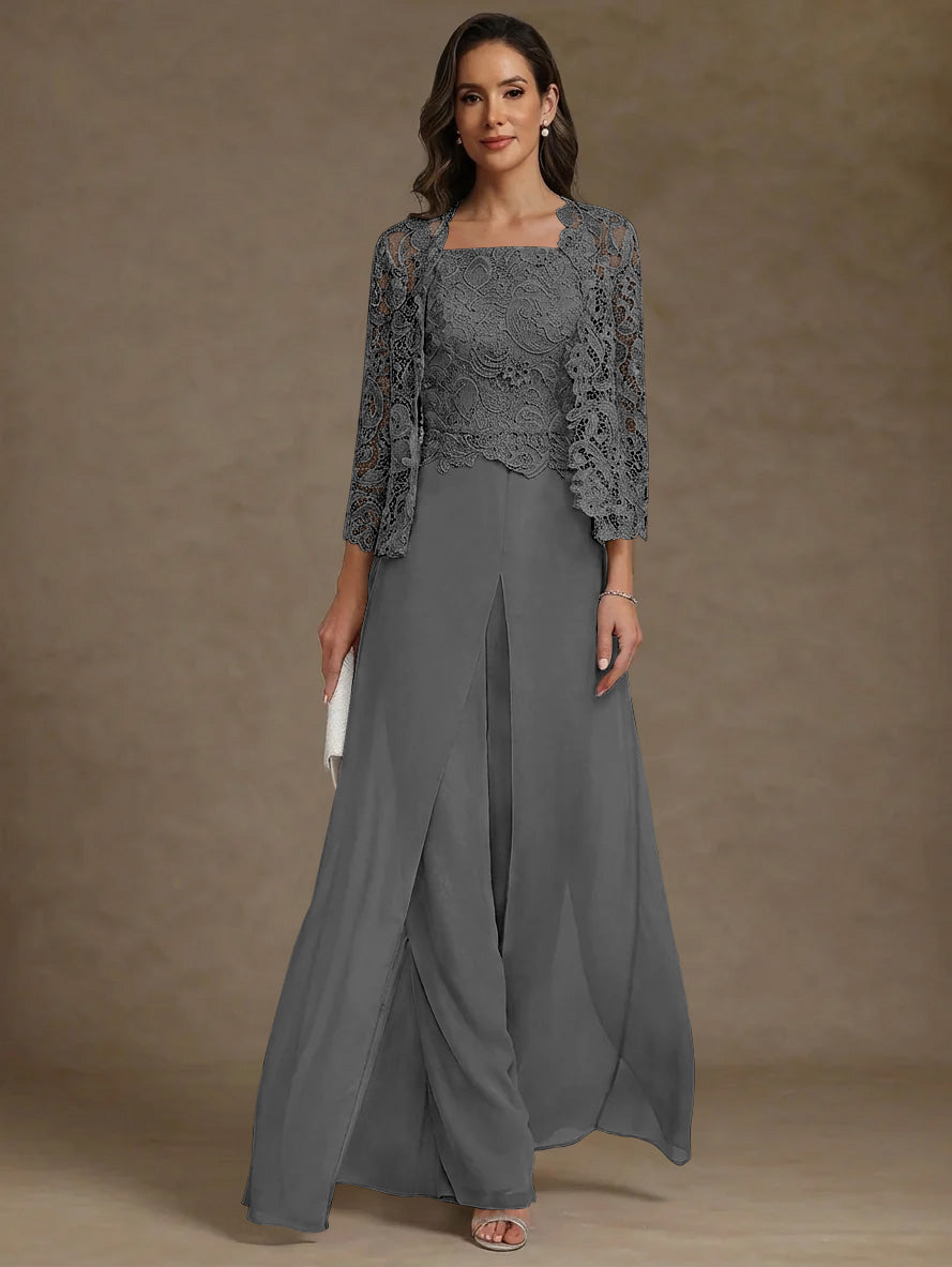 Robe Mère de la Mariée, Ligne A/Princesse, en Mousseline à Col Carré, avec Veste en Dentelle
