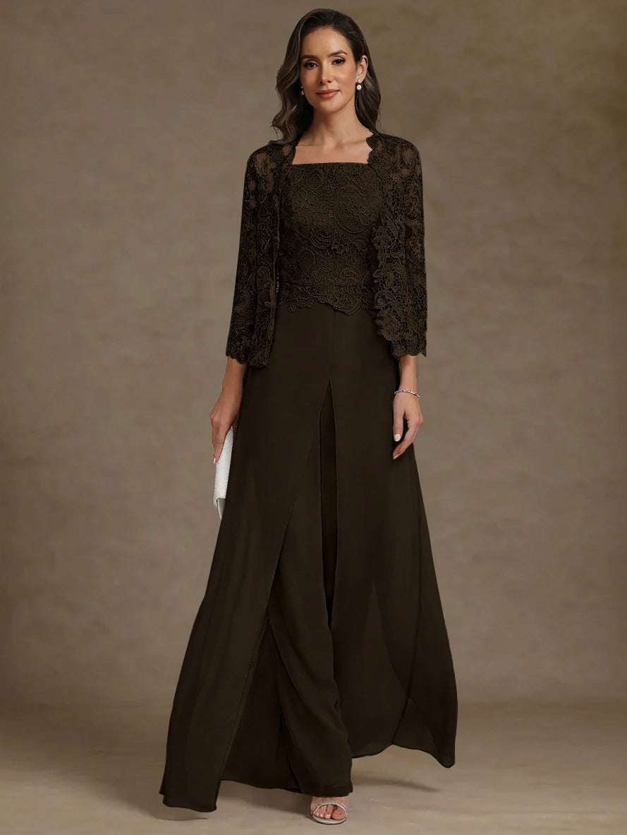 Robe Mère de la Mariée, Ligne A/Princesse, en Mousseline à Col Carré, avec Veste en Dentelle