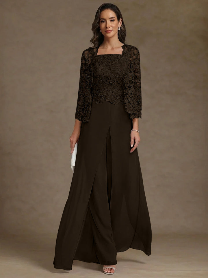 Robe Mère de la Mariée, Ligne A/Princesse, en Mousseline à Col Carré, avec Veste en Dentelle