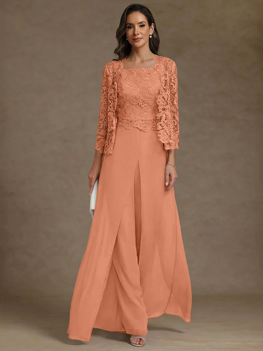 Robe Mère de la Mariée, Ligne A/Princesse, en Mousseline à Col Carré, avec Veste en Dentelle