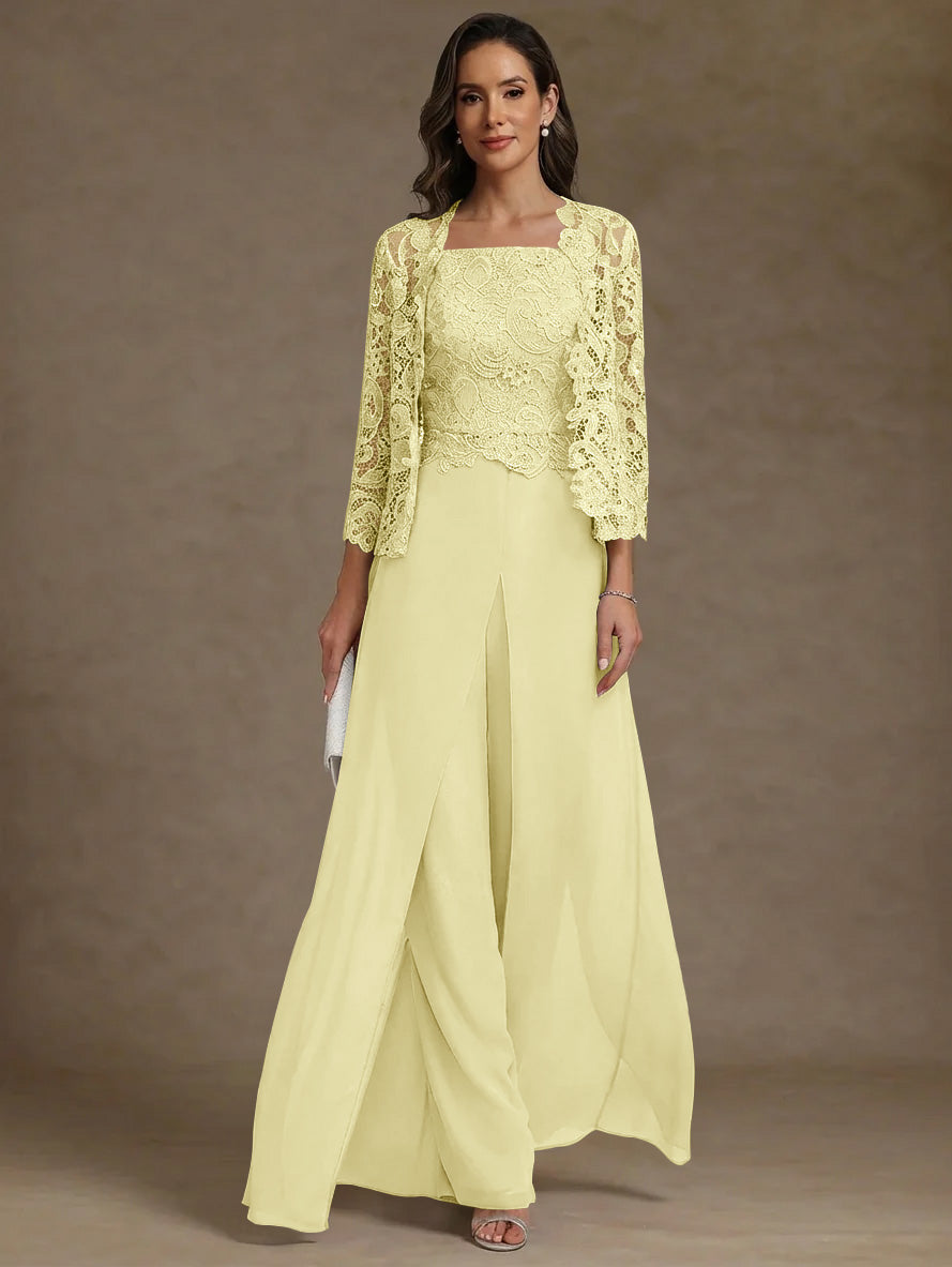 Robe Mère de la Mariée, Ligne A/Princesse, en Mousseline à Col Carré, avec Veste en Dentelle