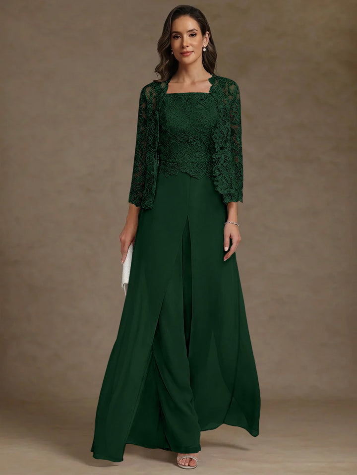 Robe Mère de la Mariée, Ligne A/Princesse, en Mousseline à Col Carré, avec Veste en Dentelle