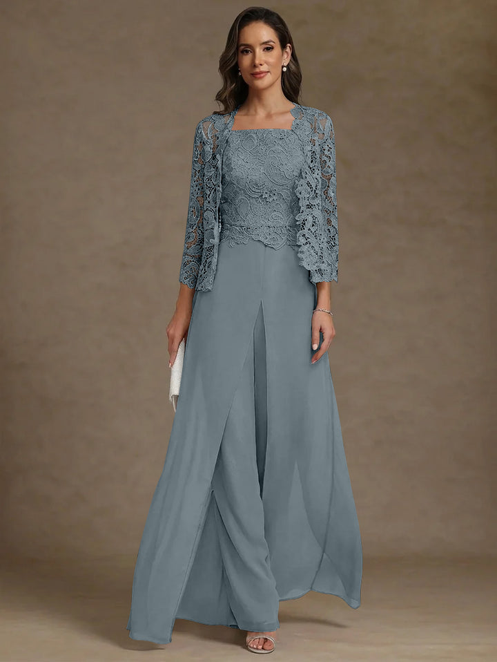 Robe Mère de la Mariée, Ligne A/Princesse, en Mousseline à Col Carré, avec Veste en Dentelle