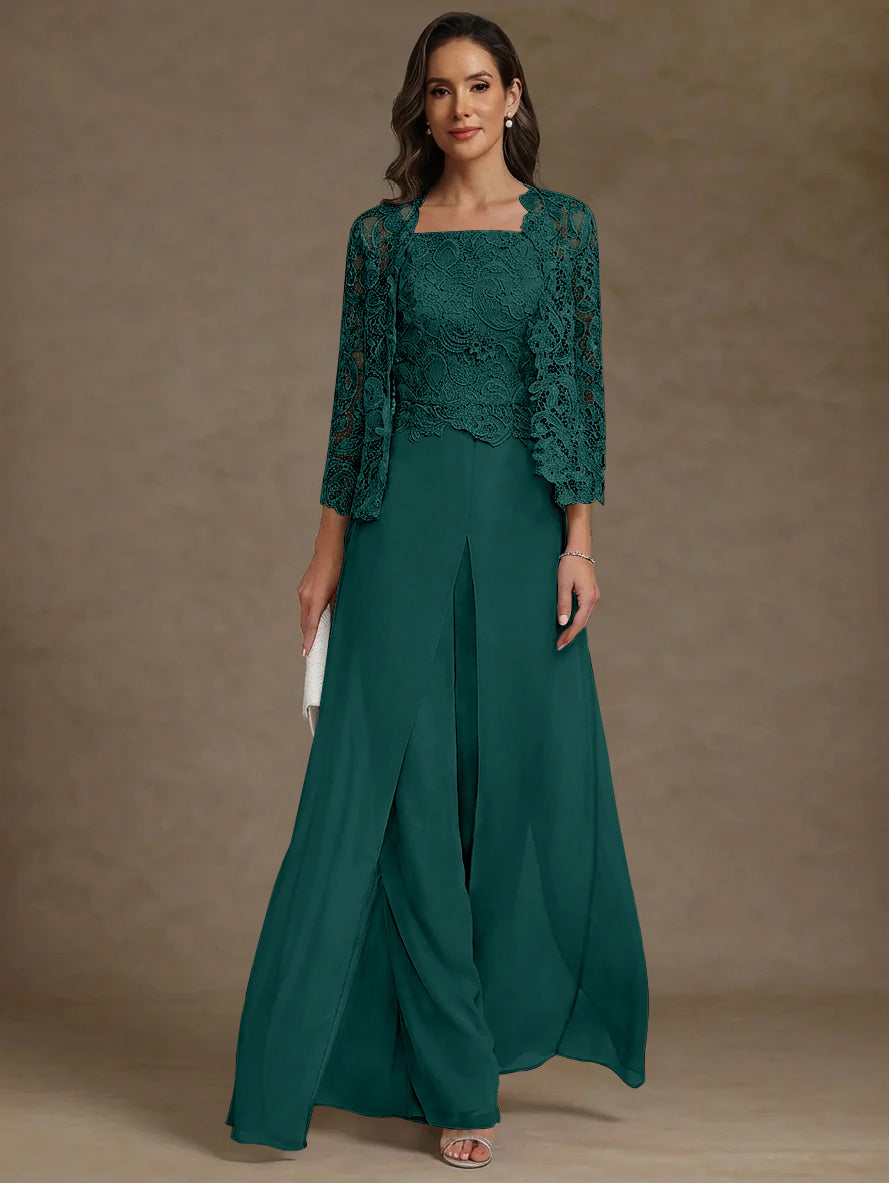 Robe Mère de la Mariée, Ligne A/Princesse, en Mousseline à Col Carré, avec Veste en Dentelle